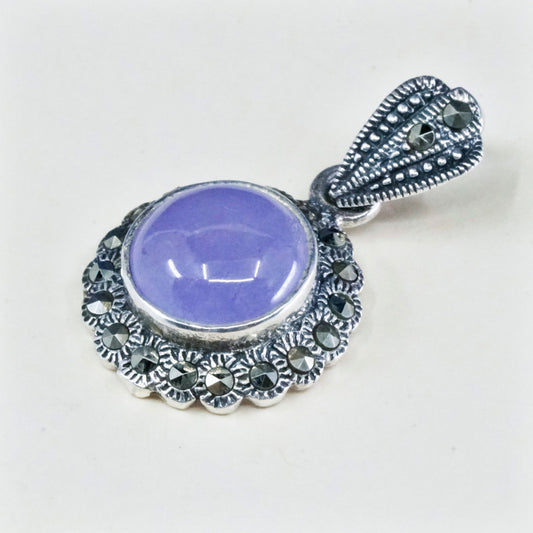 Vintage sterling 925 silver handmade pendant with purple jade and marcasite