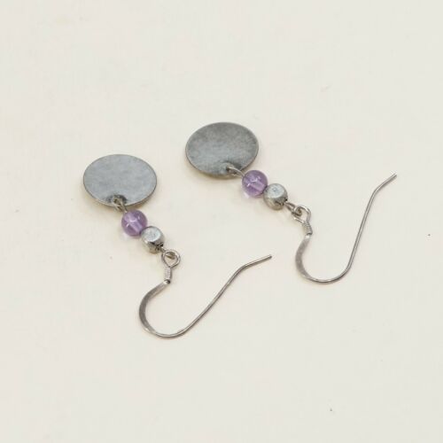 Vtg Sterling Silver Handmade Earrings, 925 dangles Tag W/ Amethyst Beads