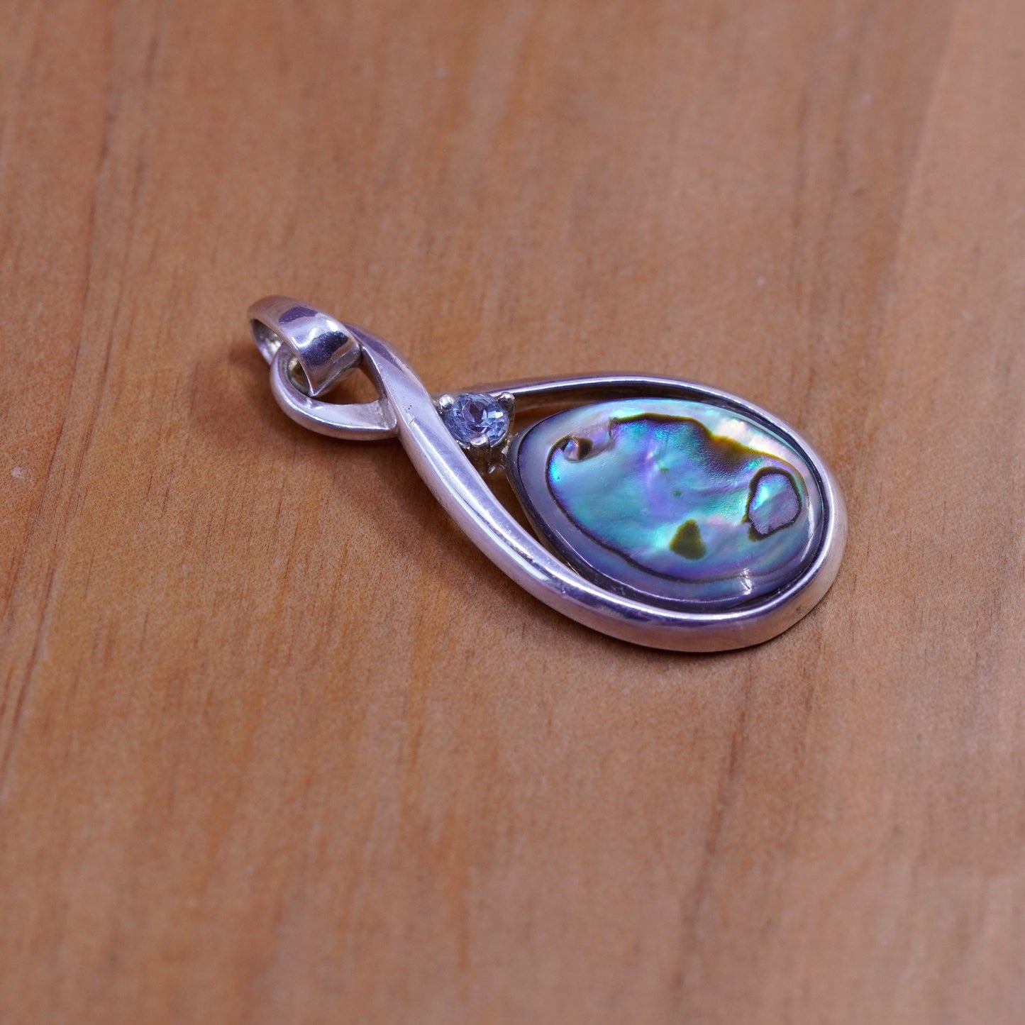 Vintage Sterling 925 silver handmade pendant with teardrop abalone and topaz