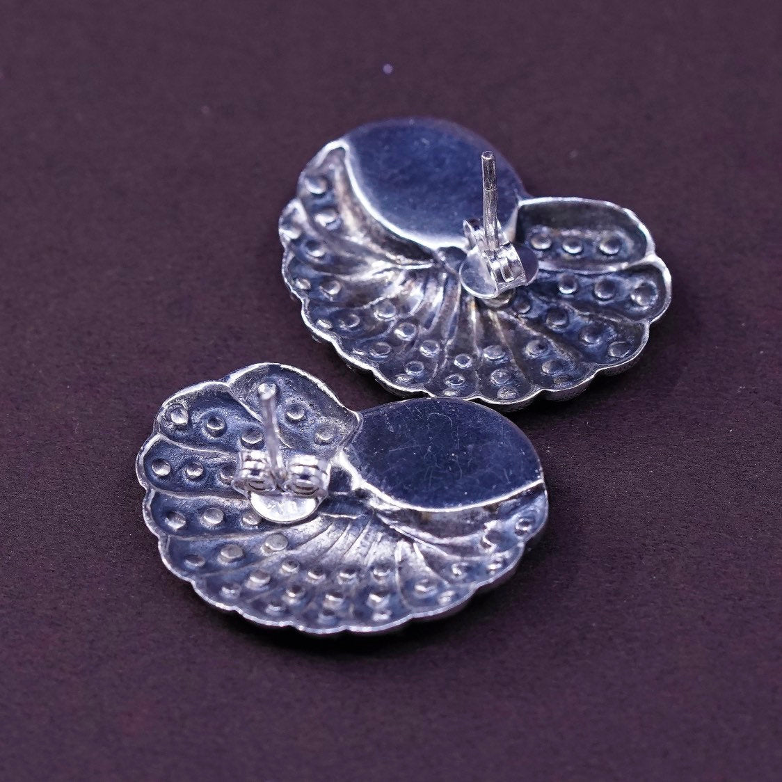 vtg Sterling silver handmade earrings, 925 shell w/ obsidian N marcasite
