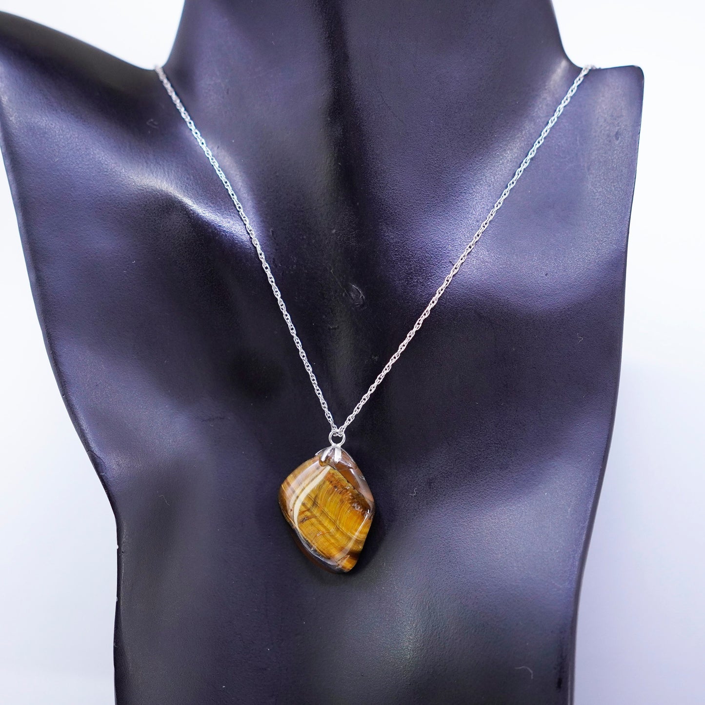 18”, Sterling 925 silver snake necklace with golden tiger eye nugget pendant