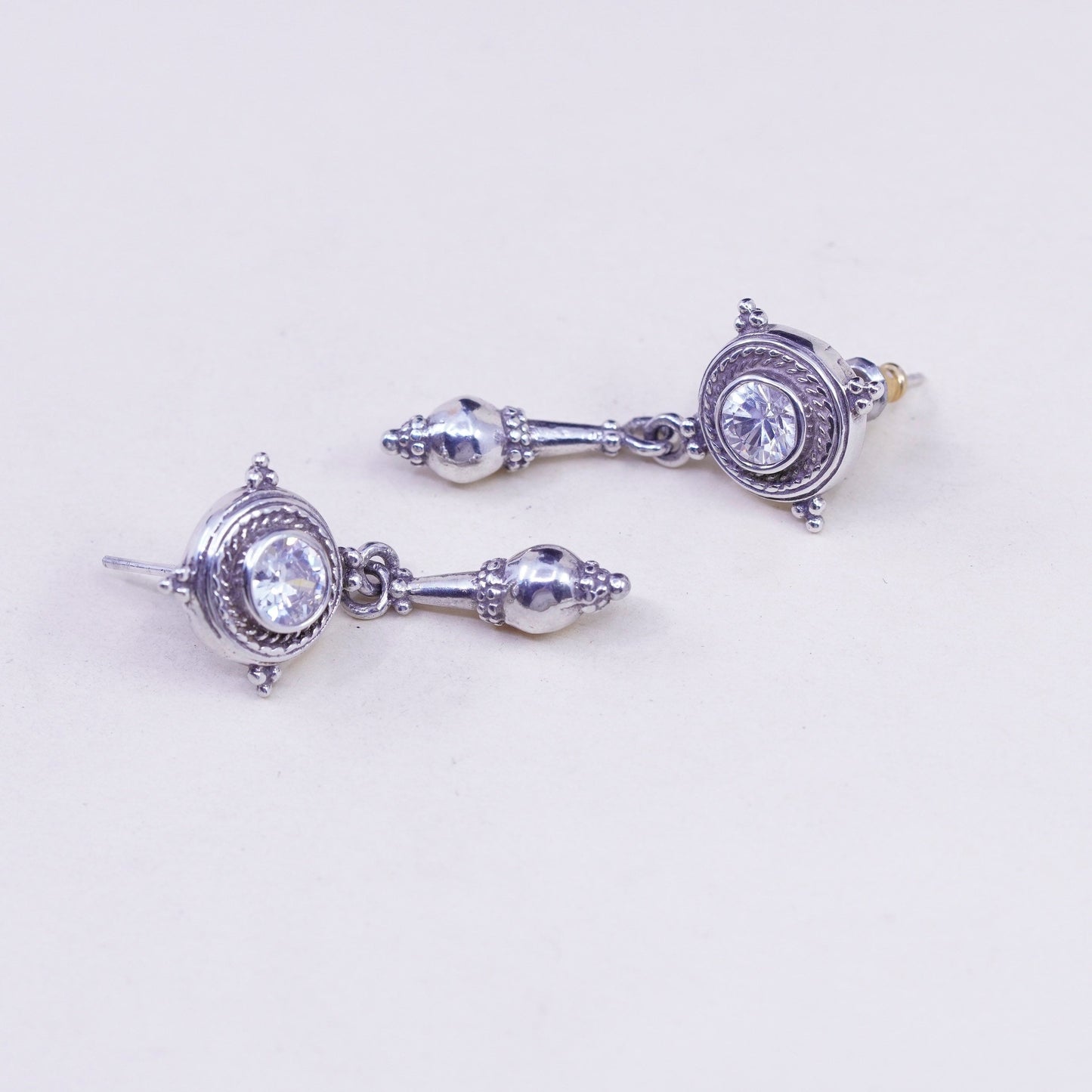 Vintage sterling 925 silver handmade earrings with round CZ and cable