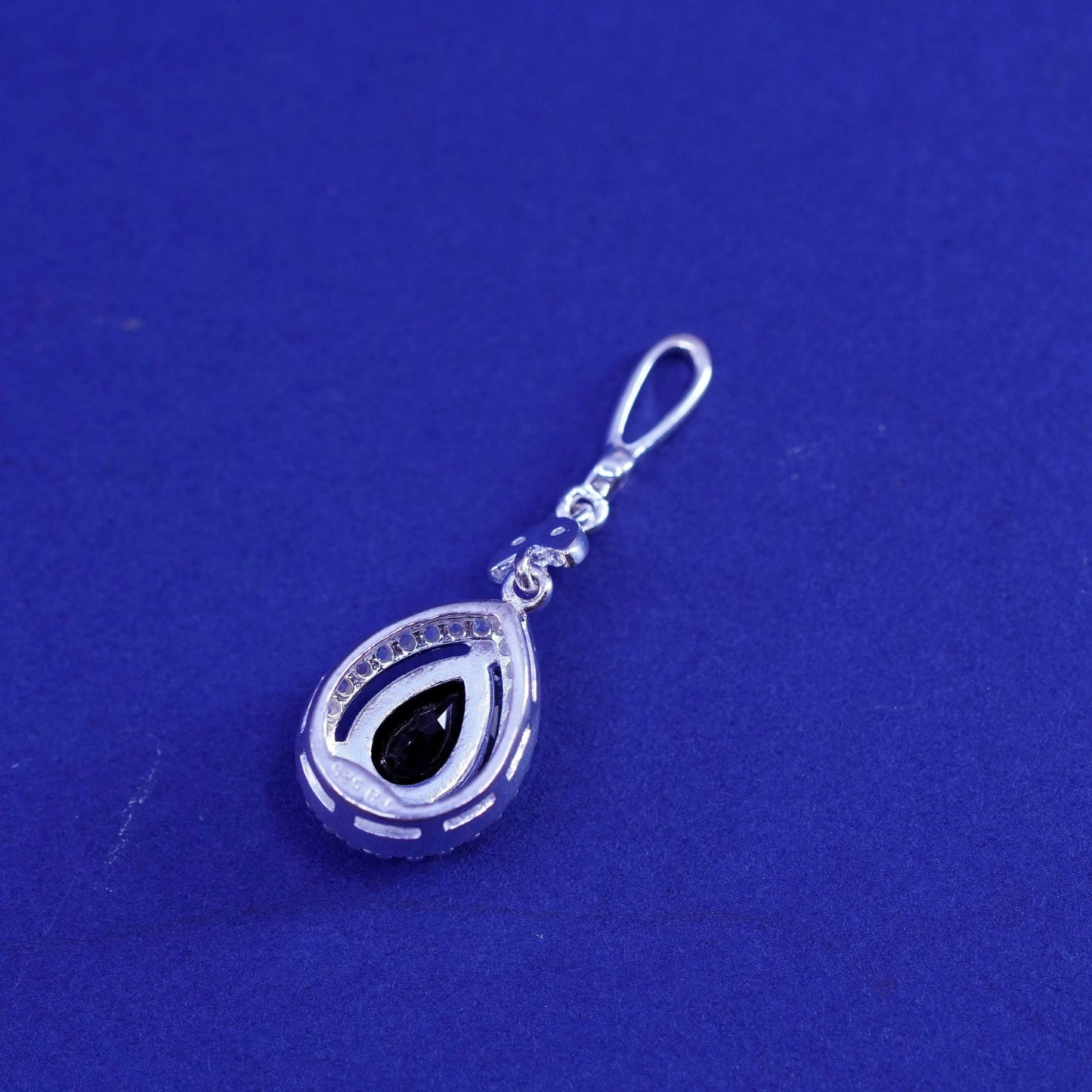 Vintage Sterling silver charm pendant, 925 teardrop with sapphire and cz