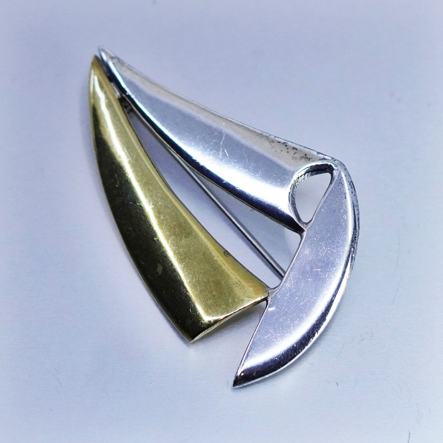 Vintage handmade sterling 925 silver sailing boat brooch with brass