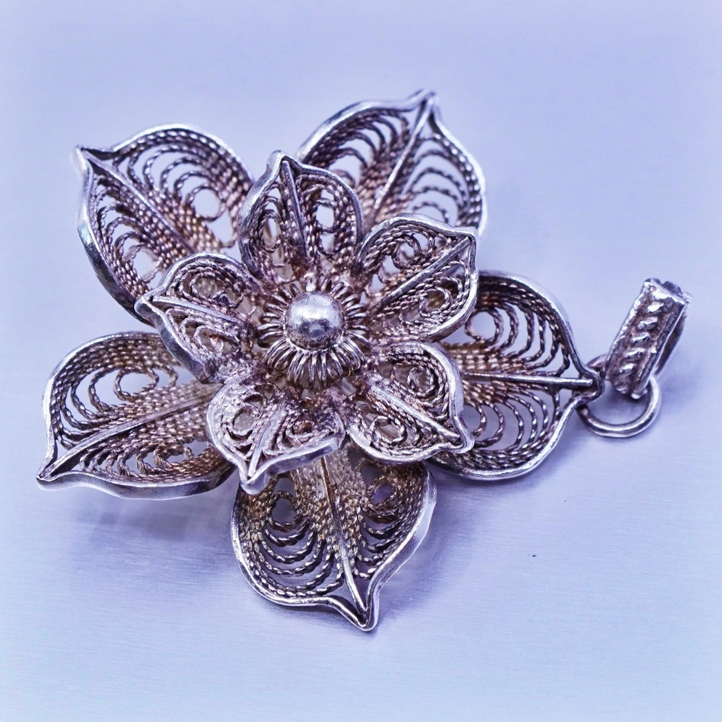 Antique BJ Sterling silver charm, 925 filigree flower pendant with beads