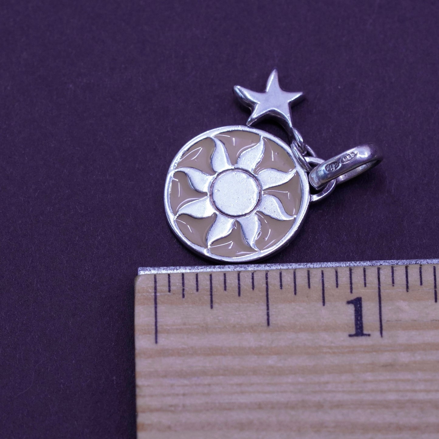 vtg Sterling silver handmade flower pendant, 925 Tag charm enamel flower star