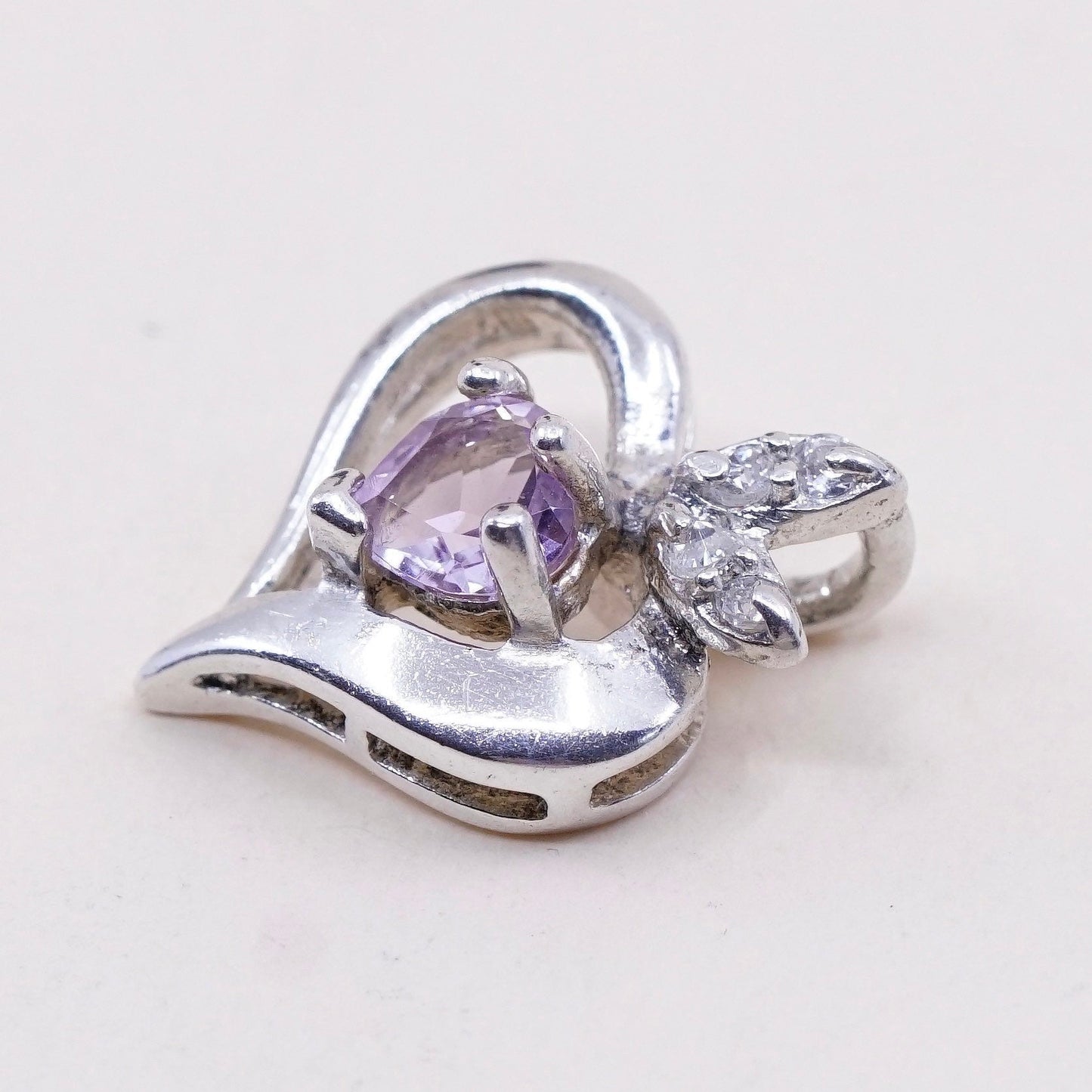 vtg Sterling silver pendant, 925 with heart amethyst N cz