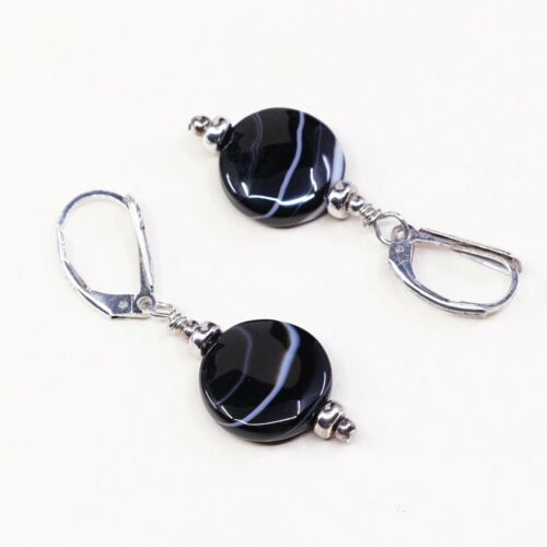 Vtg Sterling Silver handmade Earrings, 925 Silver W/ Black Agate Inlay