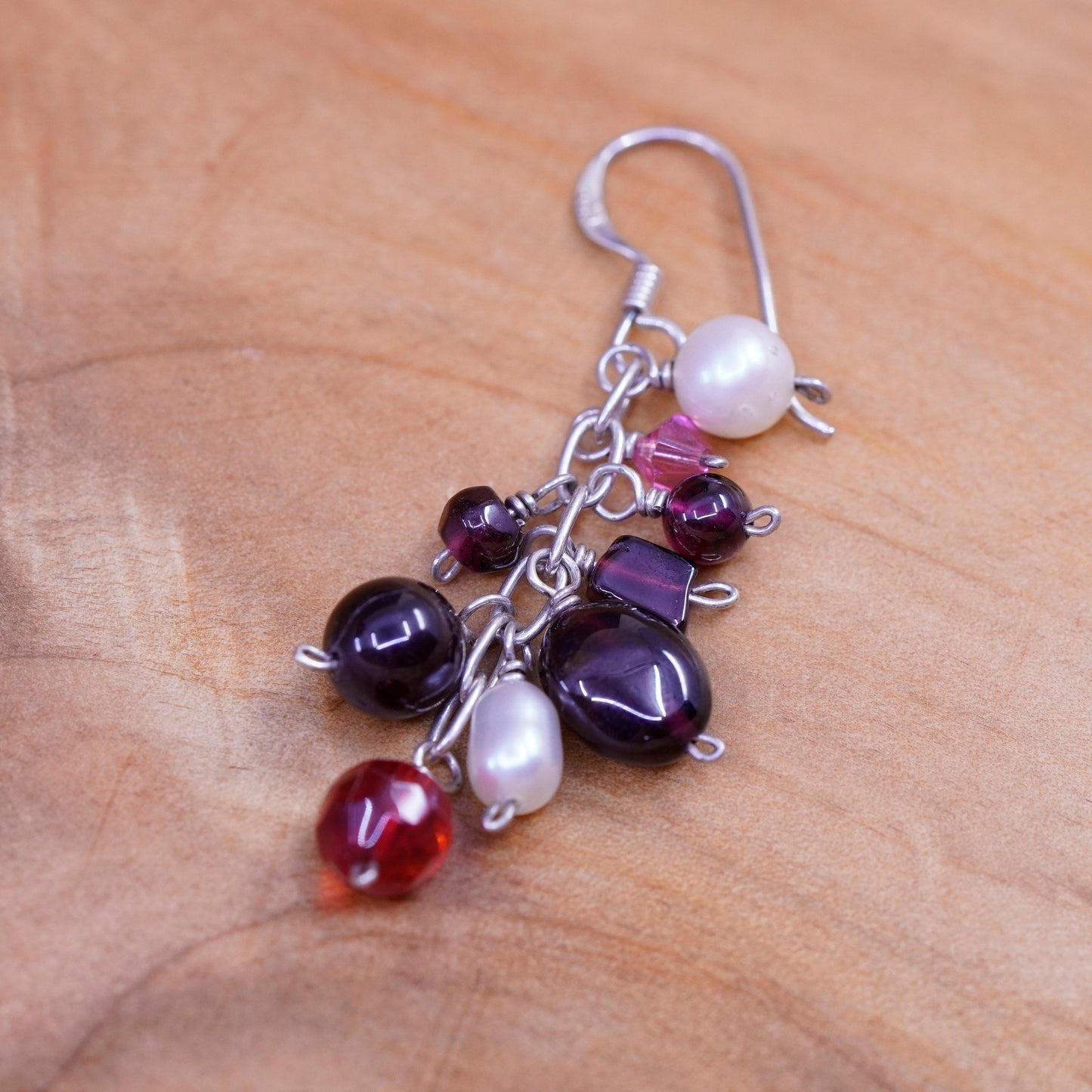 Vintage Sterling 925 silver Handmade earrings cluster pearl garnet ruby beads