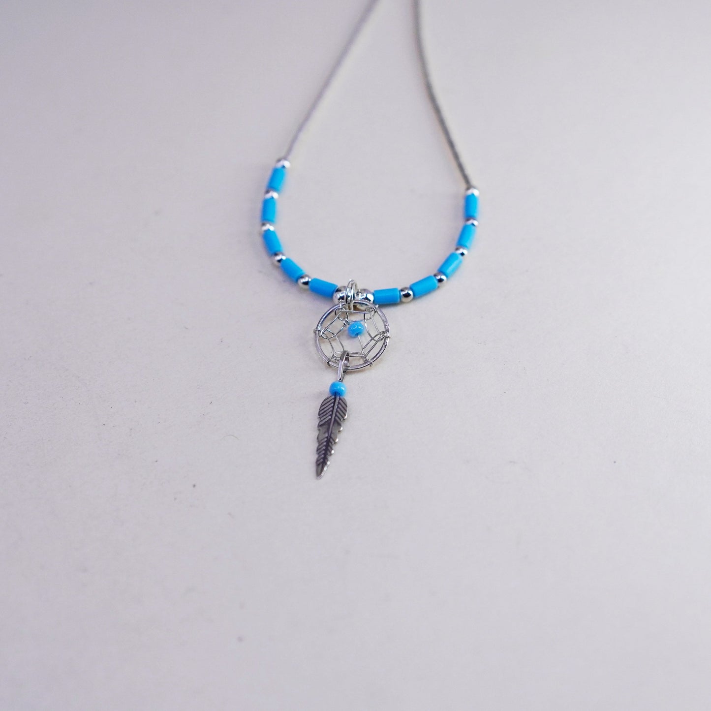 16”, Native American heishi Navajo Sterling necklace, 925 liquid silver feather