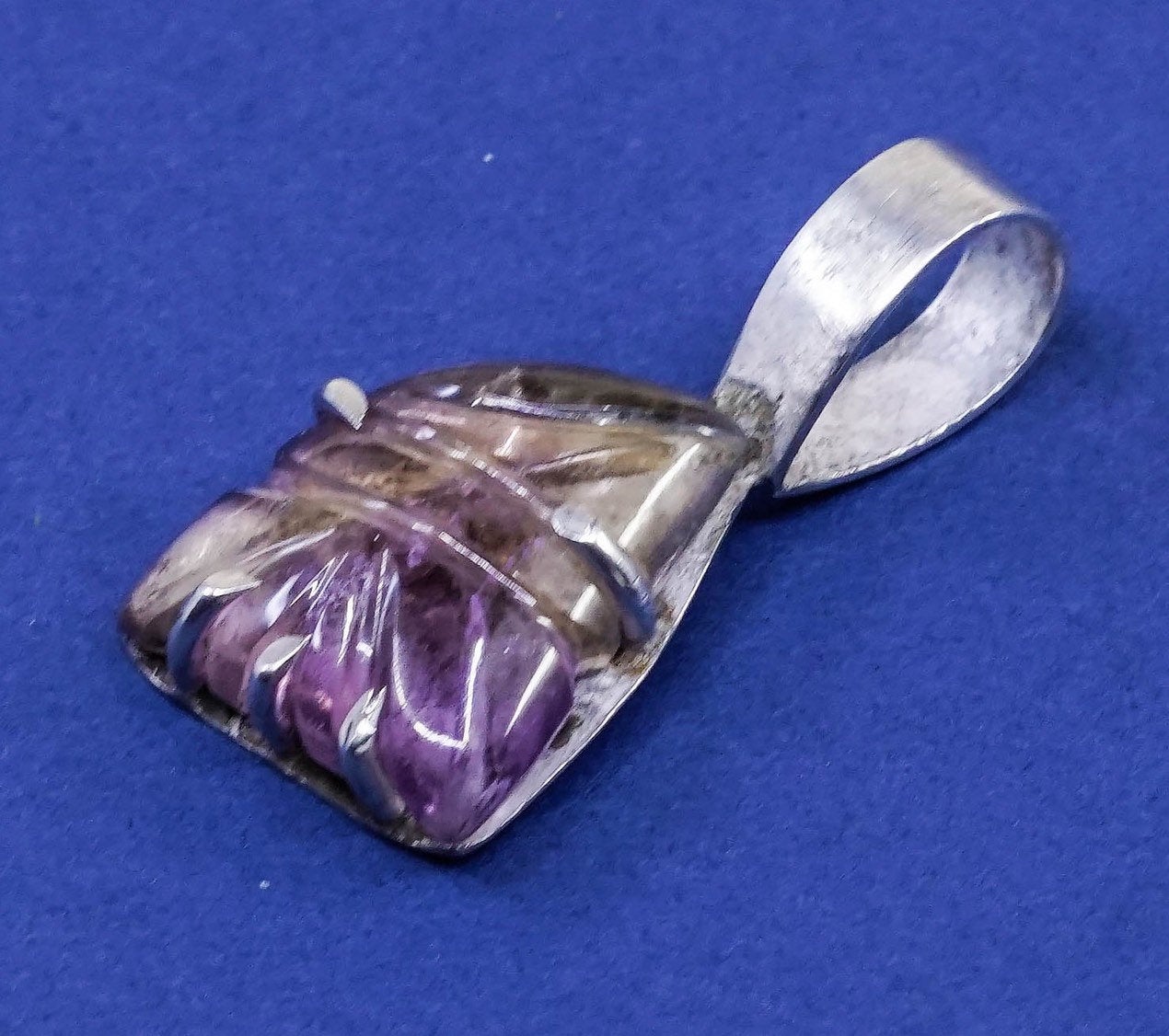 vtg sterling silver handmade pendant, oxidized 925 w/ genuine amethyst