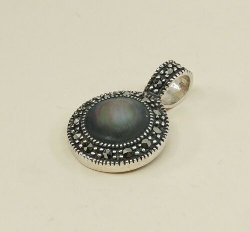 Vtg Sterling Silver abalone Pendant w/ marcasite, Thailand 925 silver