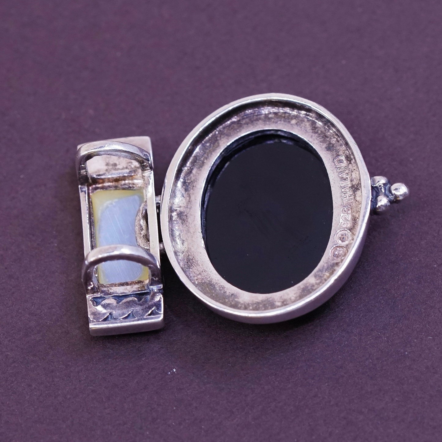 vtg Sterling silver handmade pendant, Mexico 925 w/ oval obsidian MOP