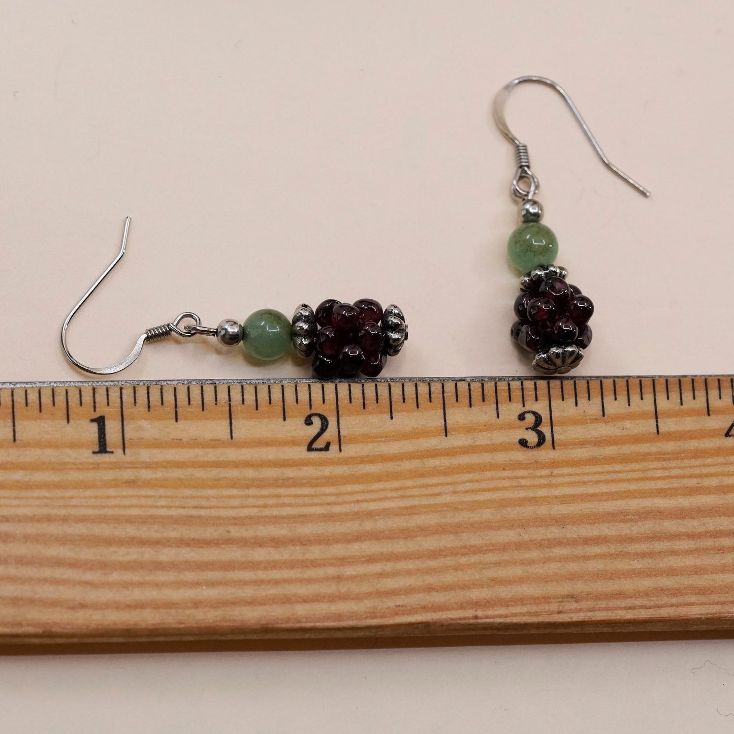 Vintage Sterling silver handmade earrings, 925 hooks with prehnite garnet beads