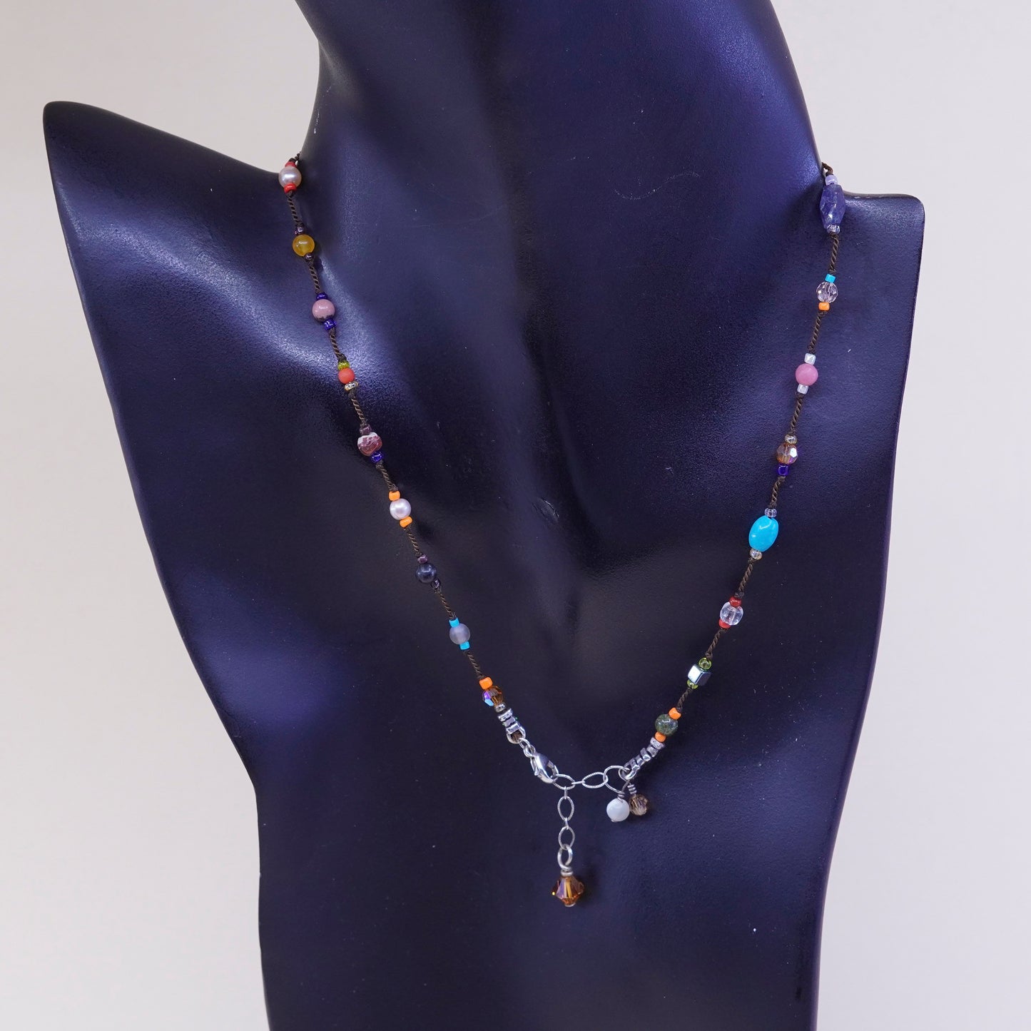 16+1” handmade Linen necklace W/ Crystal pearl turquoise N Sterling 925 Silver