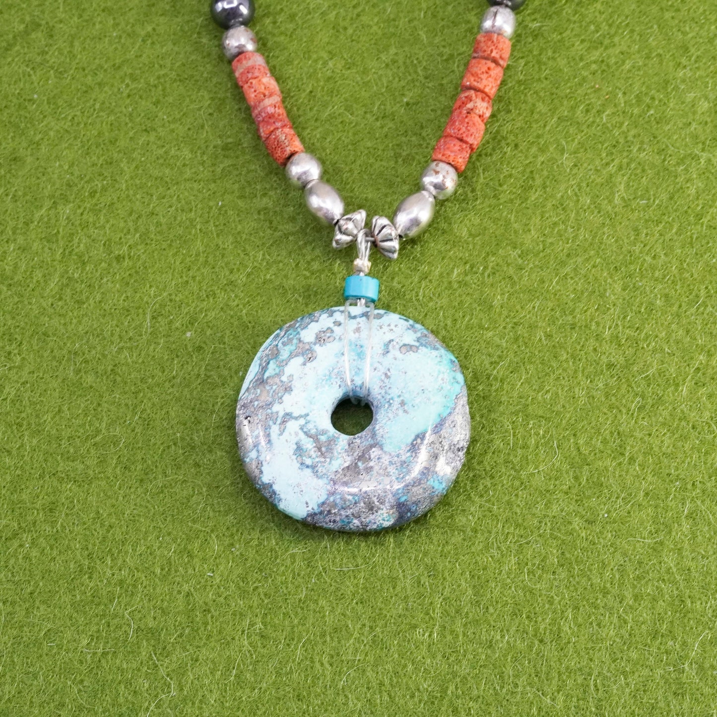 18”, native American Sterling 925 silver necklace, Red Coral heishi turquoise