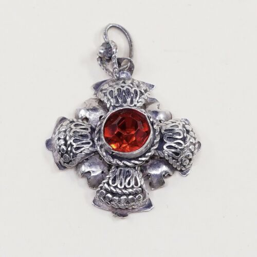 Vtg Filigree Jerusalem Cross Pendant 999 Sterling Silver W/ Glass Ruby