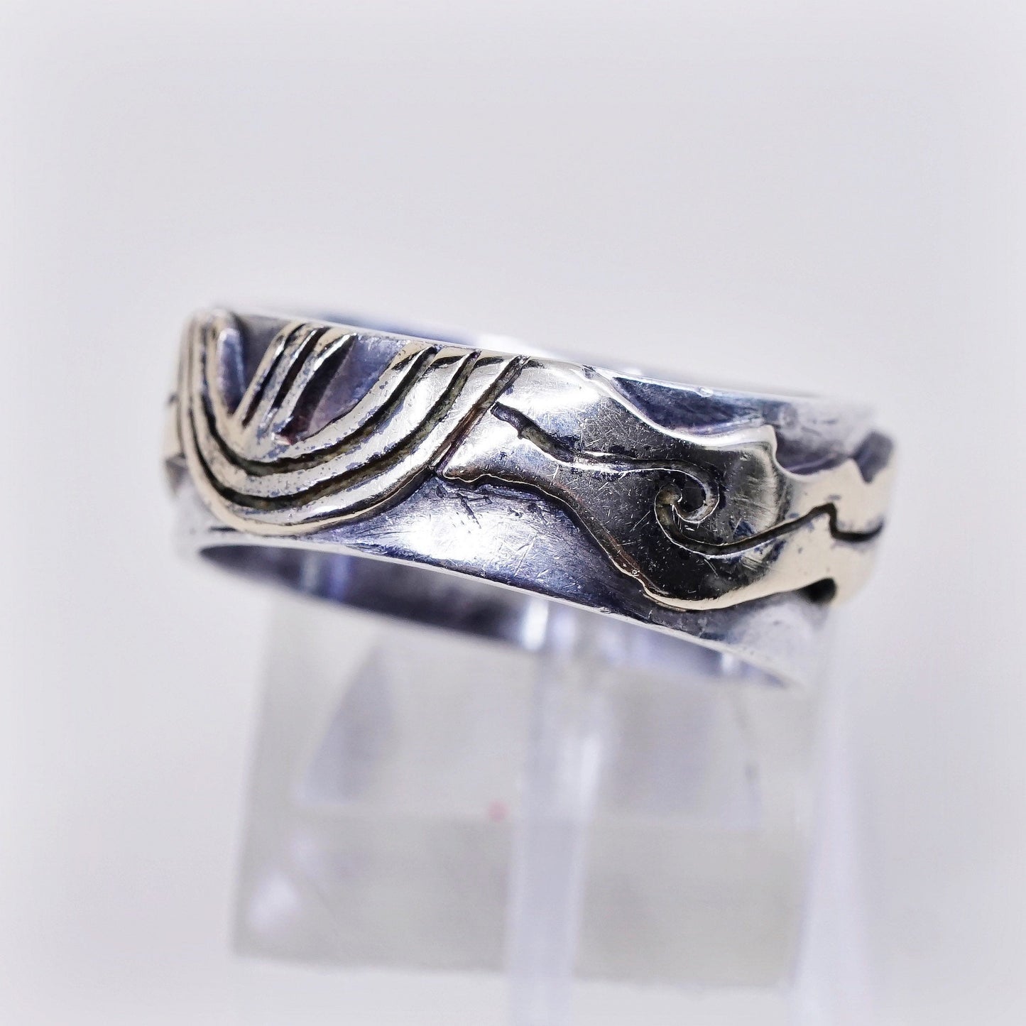 sz 8.75, vtg mexico 14K w/ sterling 925 silver handmade storyteller ring band