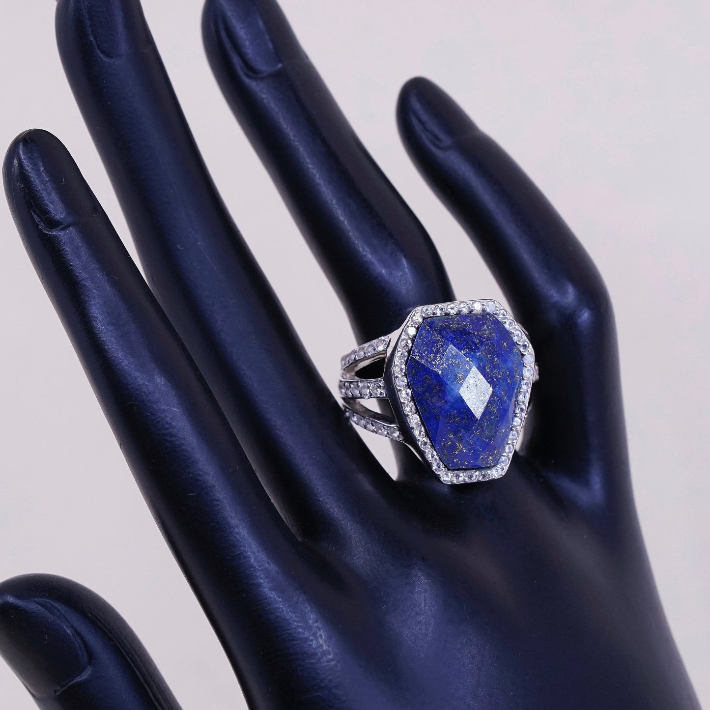 Size 10, vtg sterling 925 silver handmade ring with Lapis lazuli and Cz around