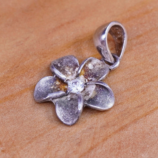 vtg Sterling silver handmade plumeria flower pendant, 925 silver charm Cz