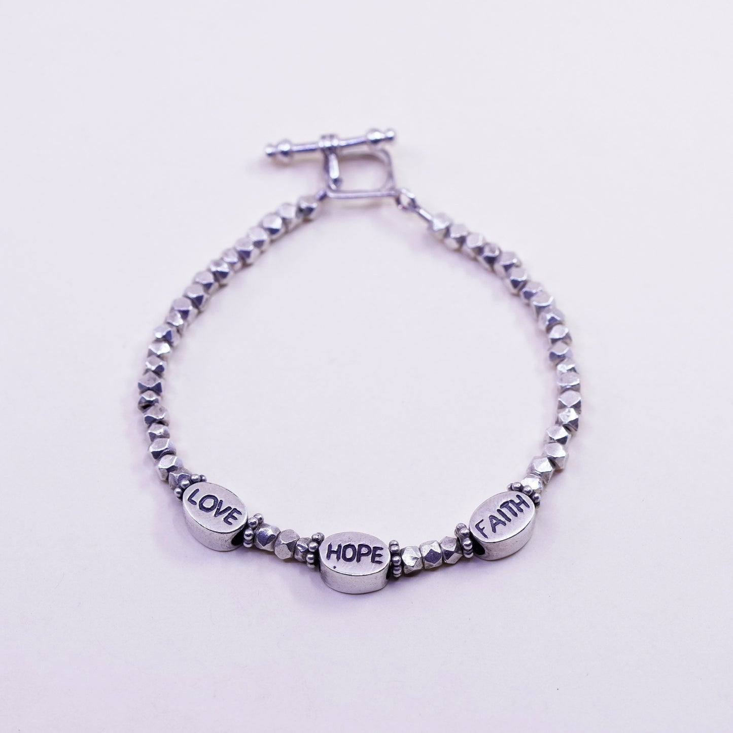 7”, sterling silver handmade bracelet, nugget 925 beads with “love hope faith