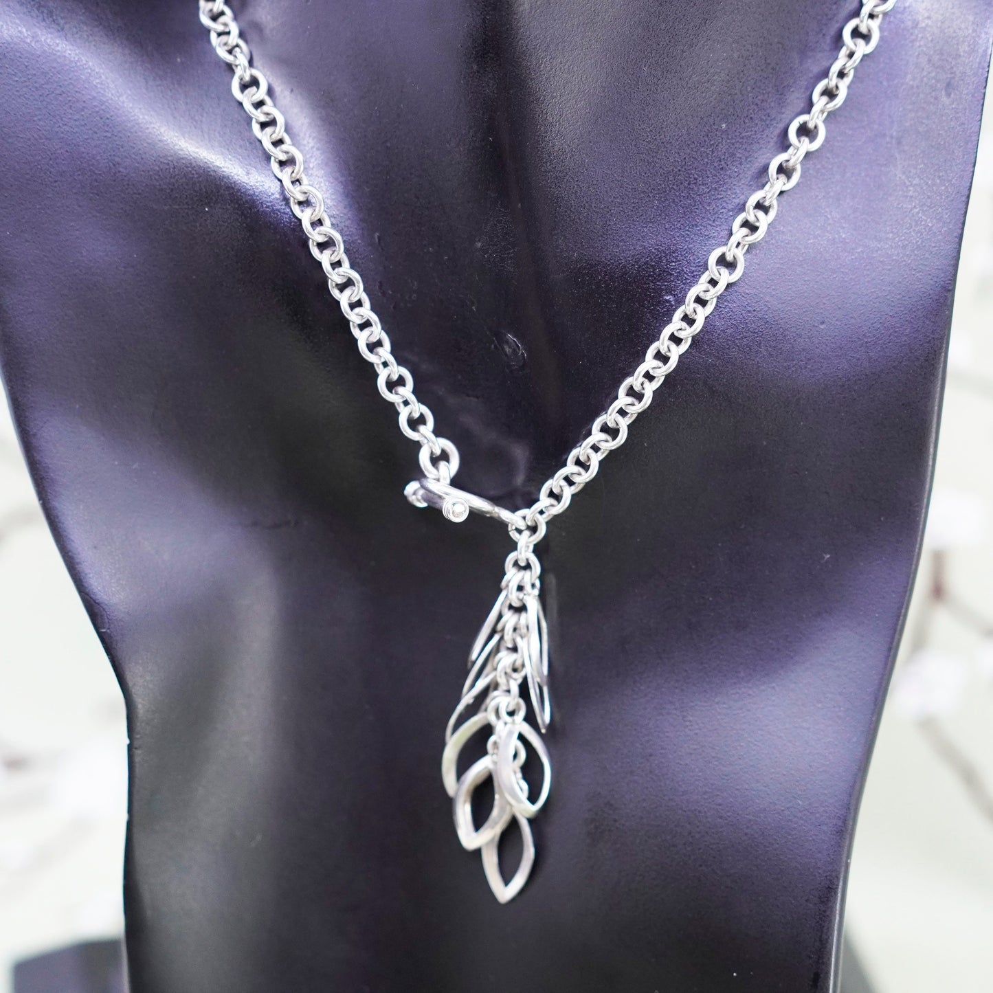 17”, sterling silver necklace, 925 handmade bold circle link chain leafy charms