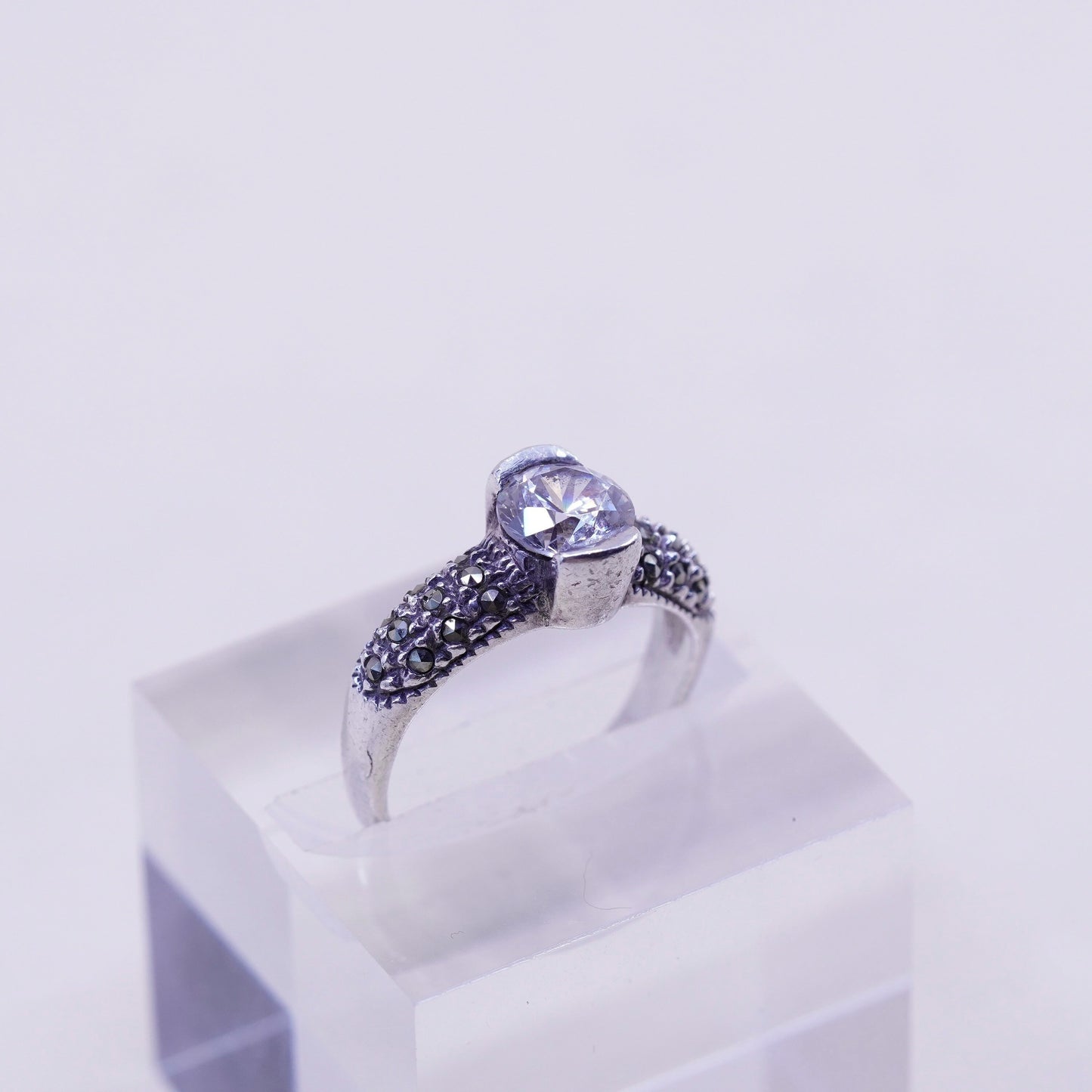 Size 7.5, Sterling silver handmade ring, 925 with CZ and marcasite