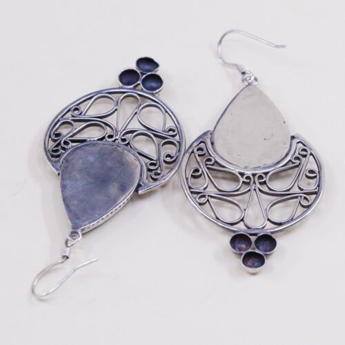 Vtg Sterling Silver Handmade Earrings, 925 Silver Teardrop W/ Obsidian N Beads