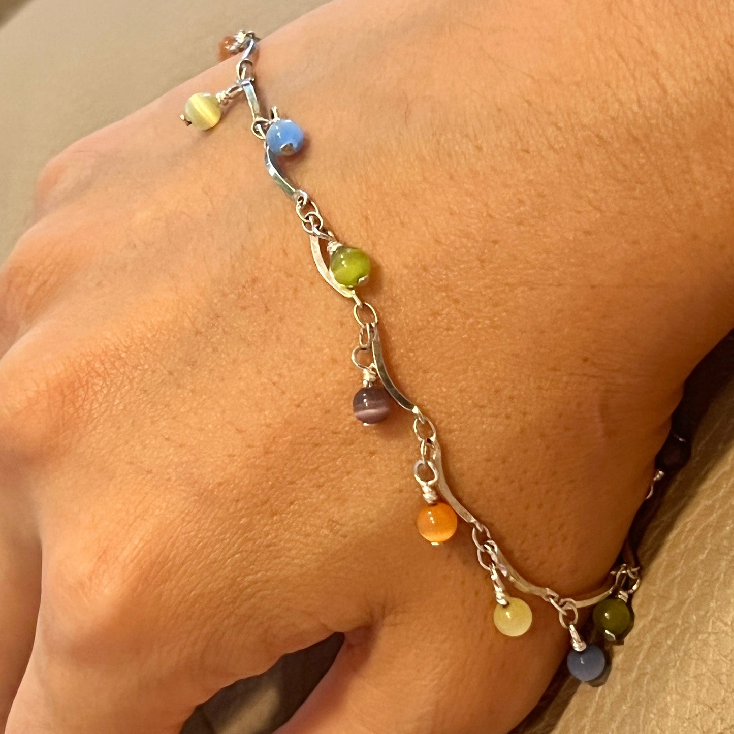 10+1”, Sterling 925 silver bone chain anklet bracelet colorful tiger eye beads