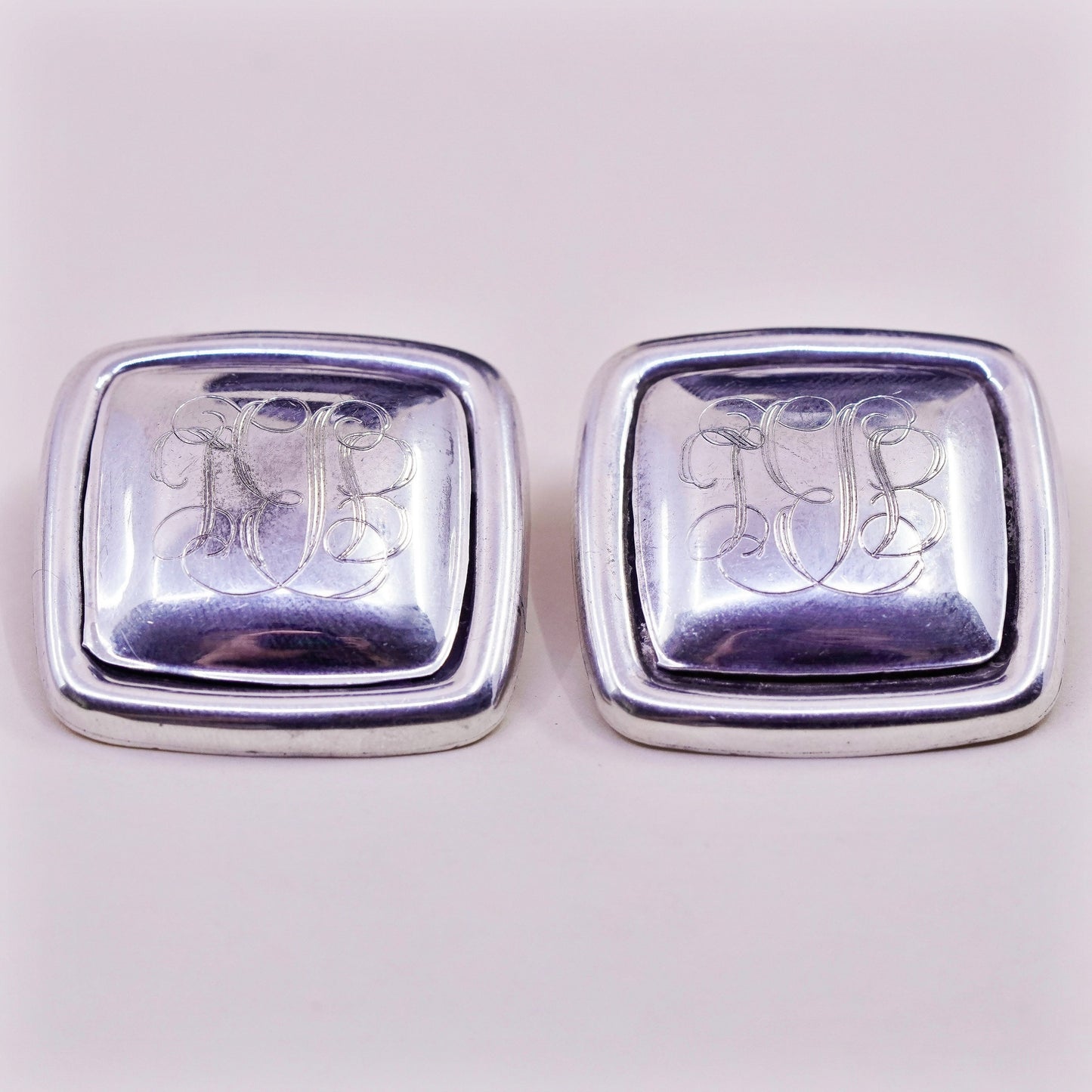 Vintage Sterling silver clip on earrings, Modern 925 square with monogram “GBL”