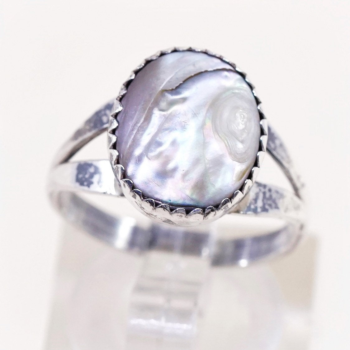 sz 6, vtg sterling silver handmade ring, 925 w/ oval abalone, silver tested