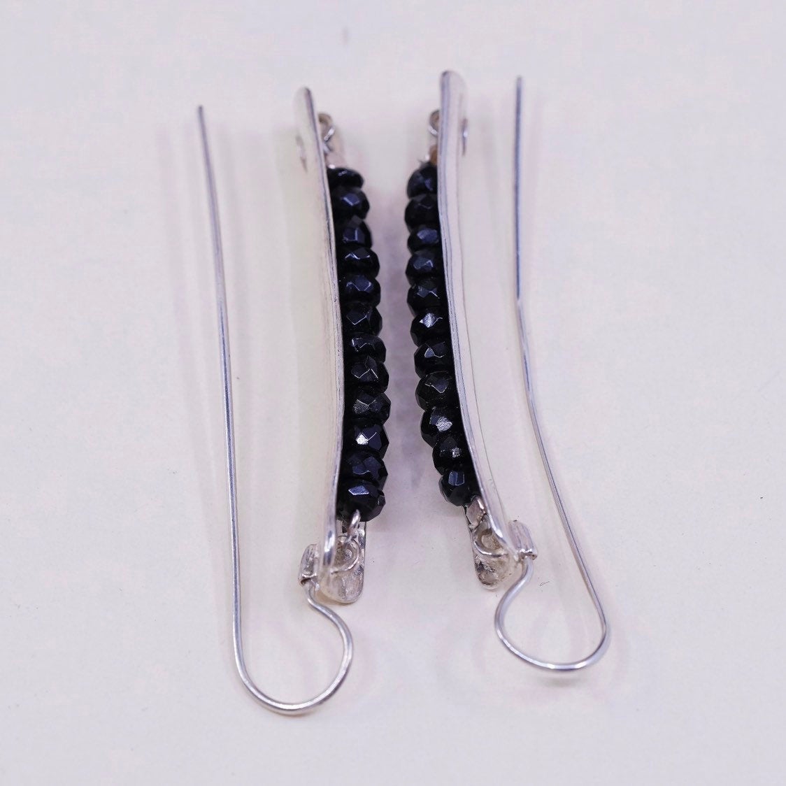 vtg Sterling silver handmade earrings, 925 w/ long obsidian beads, elegant
