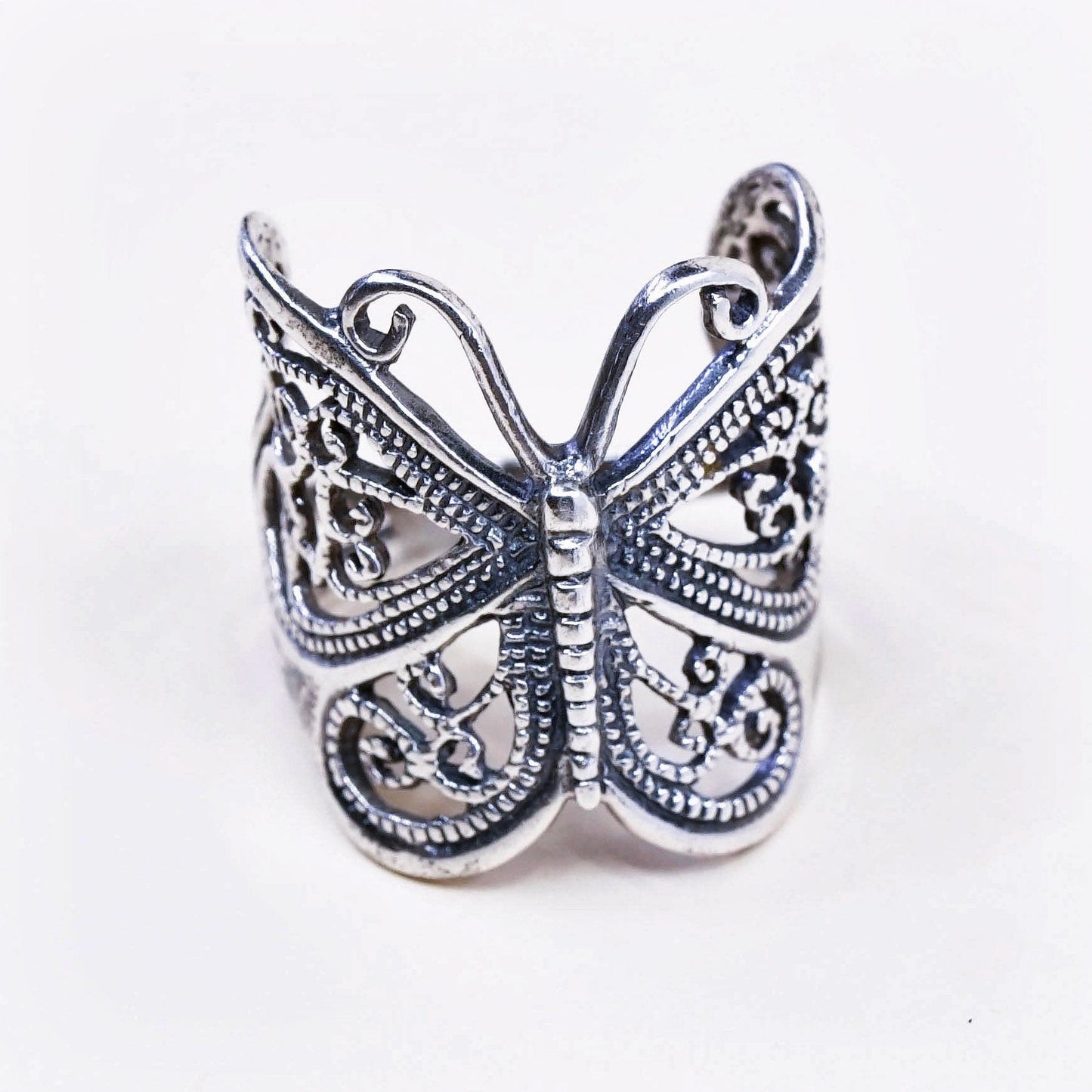 Size 3, vtg Sterling silver handmade ring, 925 filigree butterfly band