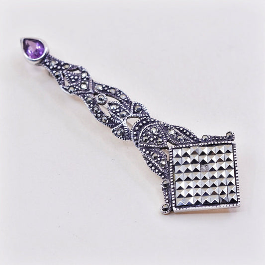 vtg Sterling silver handmade brooch, modern 925 pin with amethyst and marcasite
