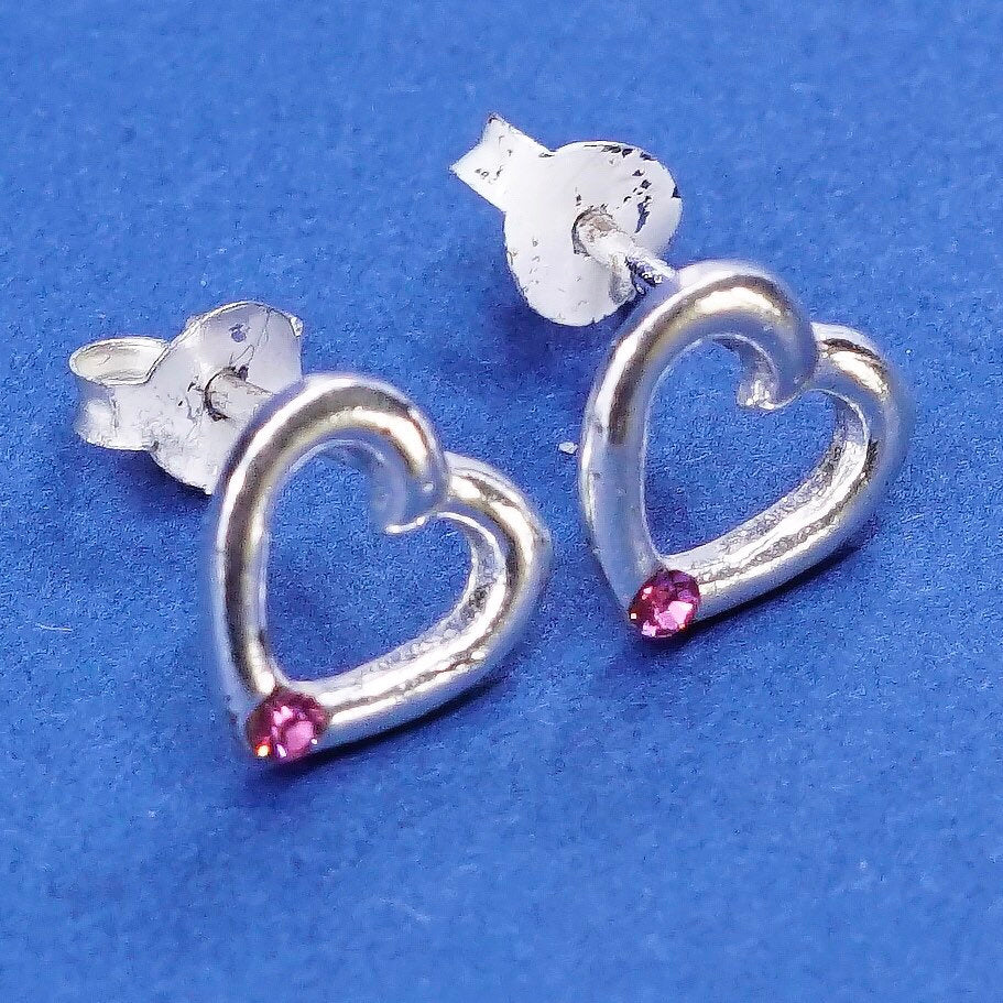 vtg Sterling silver handmade earrings, 925 heart studs w/ pink crystal