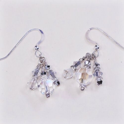 Vtg Sterling silver Handmade earrings w/ Clear Crystal Drop Details, Stamped 925