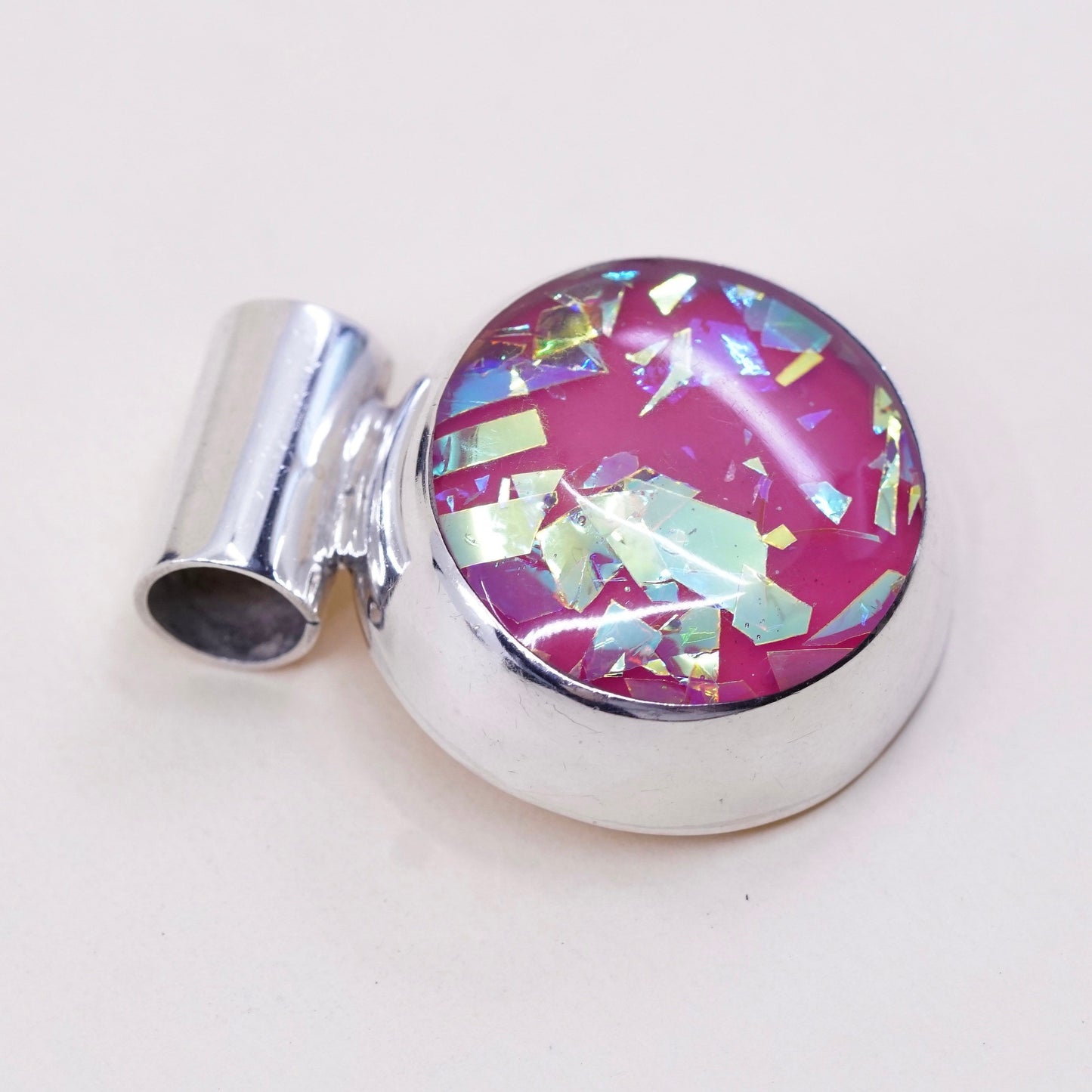 vtg sterling silver with artisan glass slide pendant, dichroic glass pendant