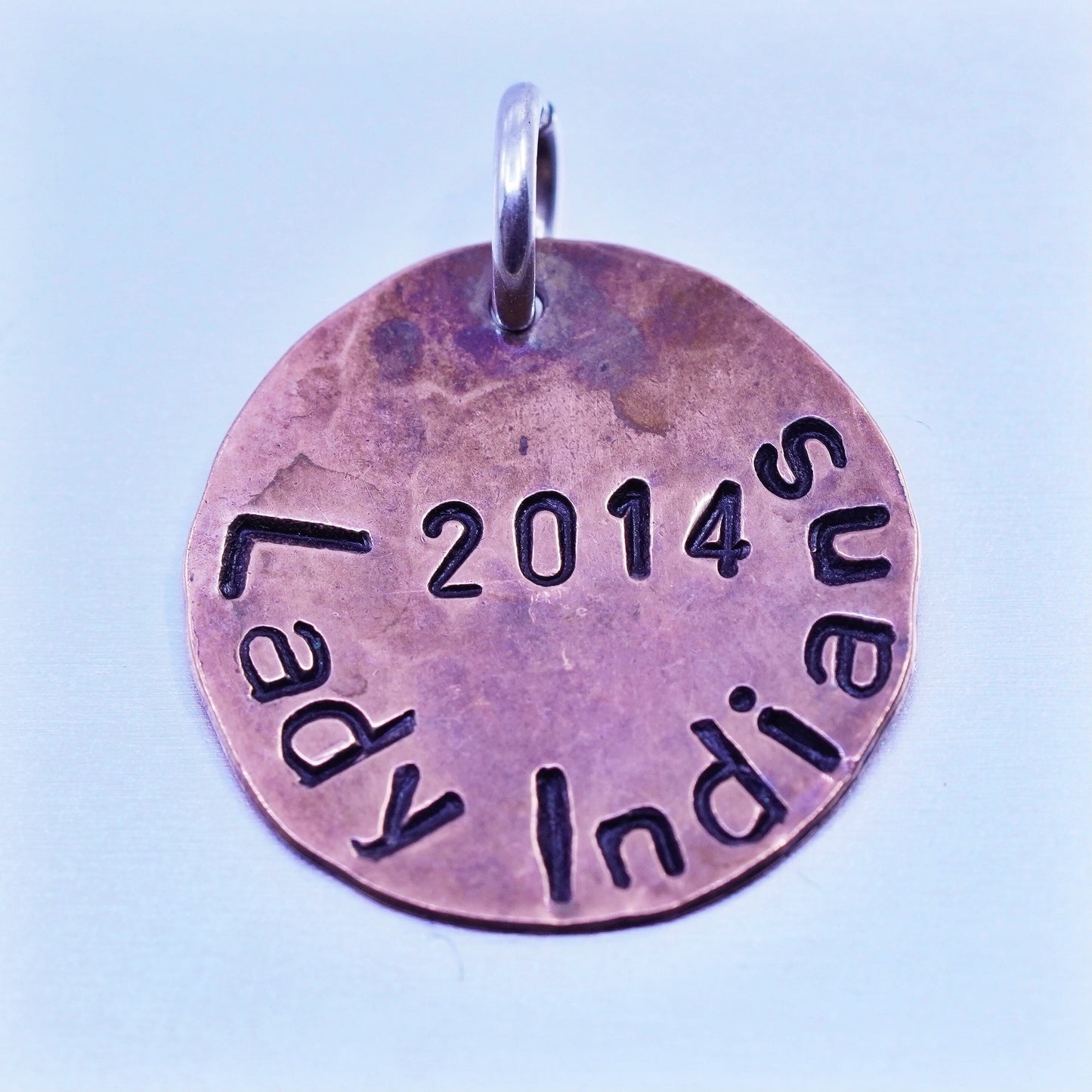 Vintage handmade hammered copper pendant charm embossed “2014 lady Indian”