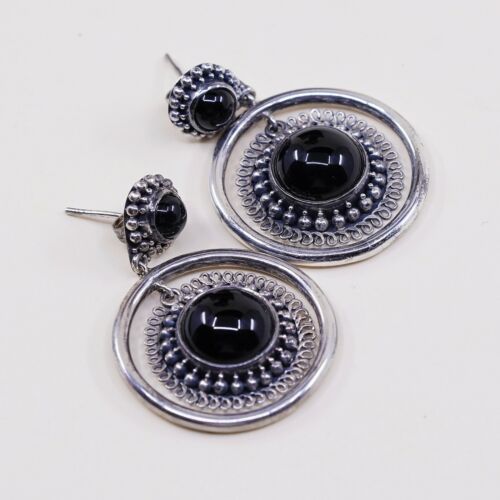 Vtg Sterling Silver Handmade Earrings, 925 Silver Hoops W/ Obsidian N Bali