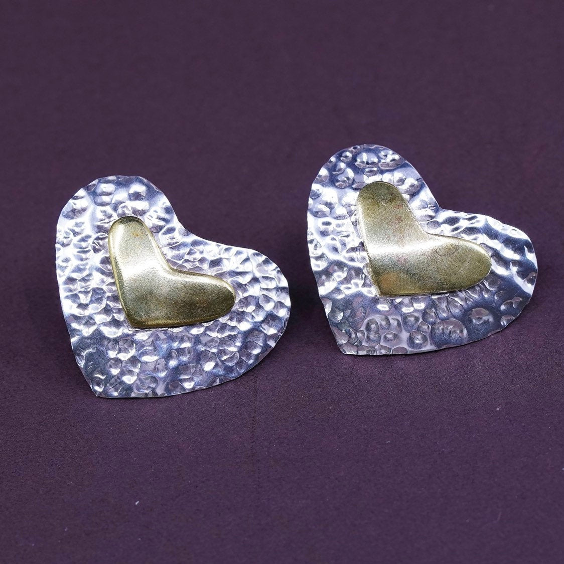 vtg Two Tone Sterling silver handmade earrings, mexico 925 heart studs