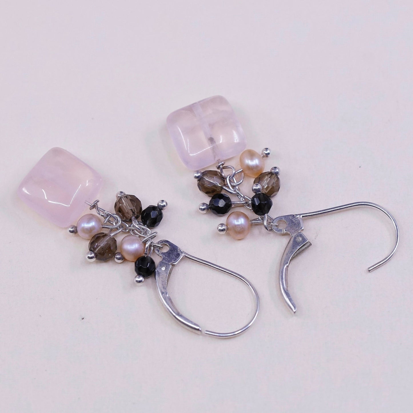 vtg Sterling silver handmade earrings, 925 with cluster pearl and pink quartz