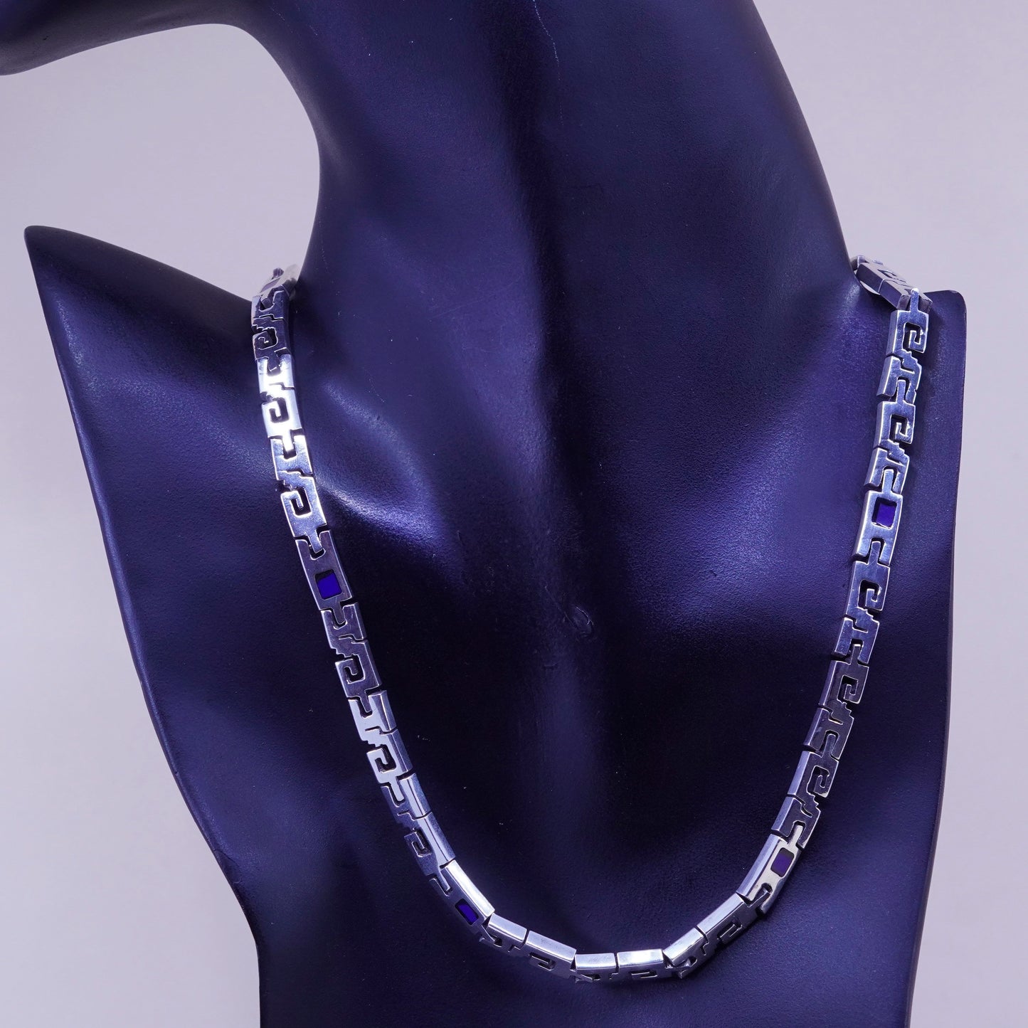 17”, vintage Mexico sterling silver necklace, men 925 S link chain blue enamel