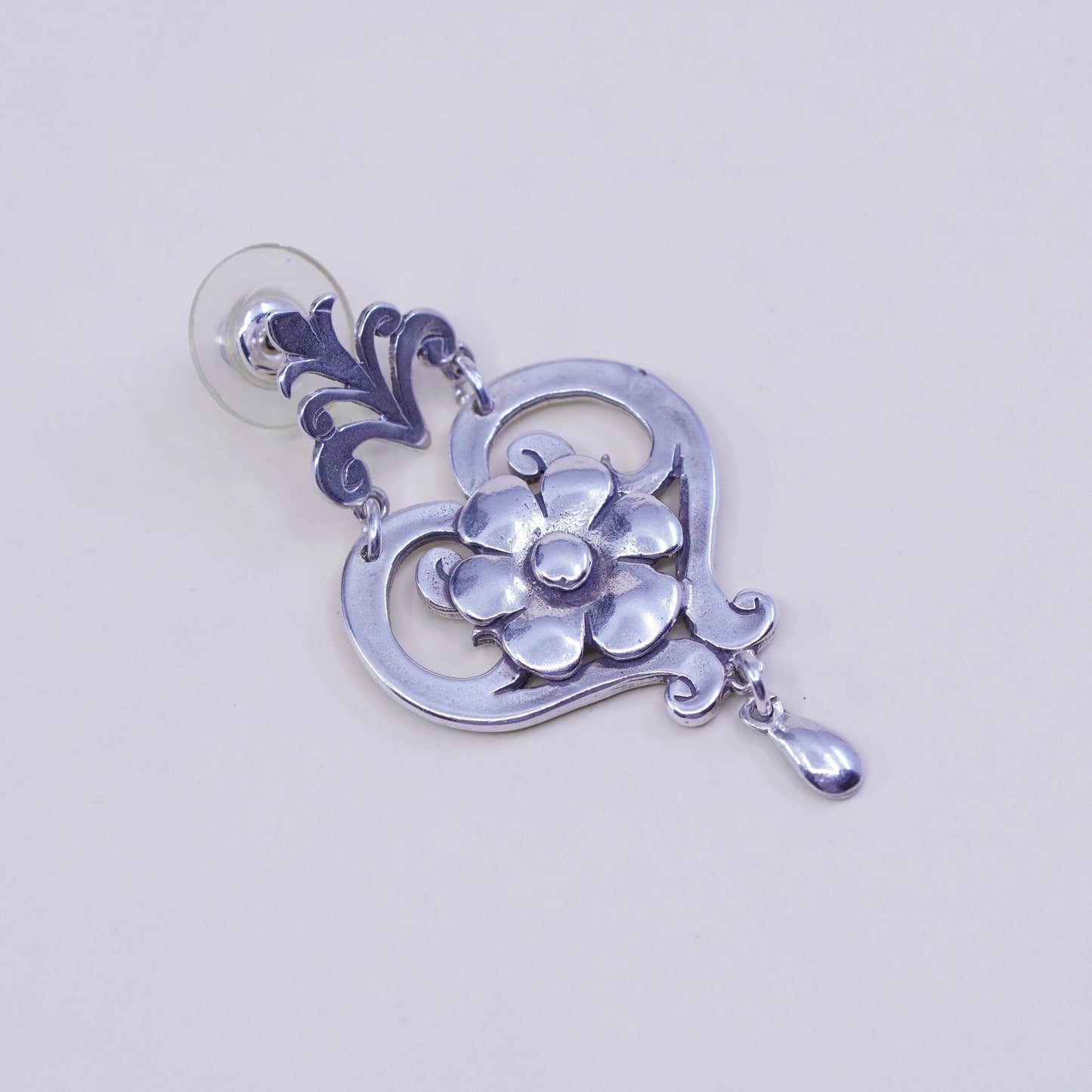 Vintage Grenia Sterling 925 silver handmade earrings with heart flower drops