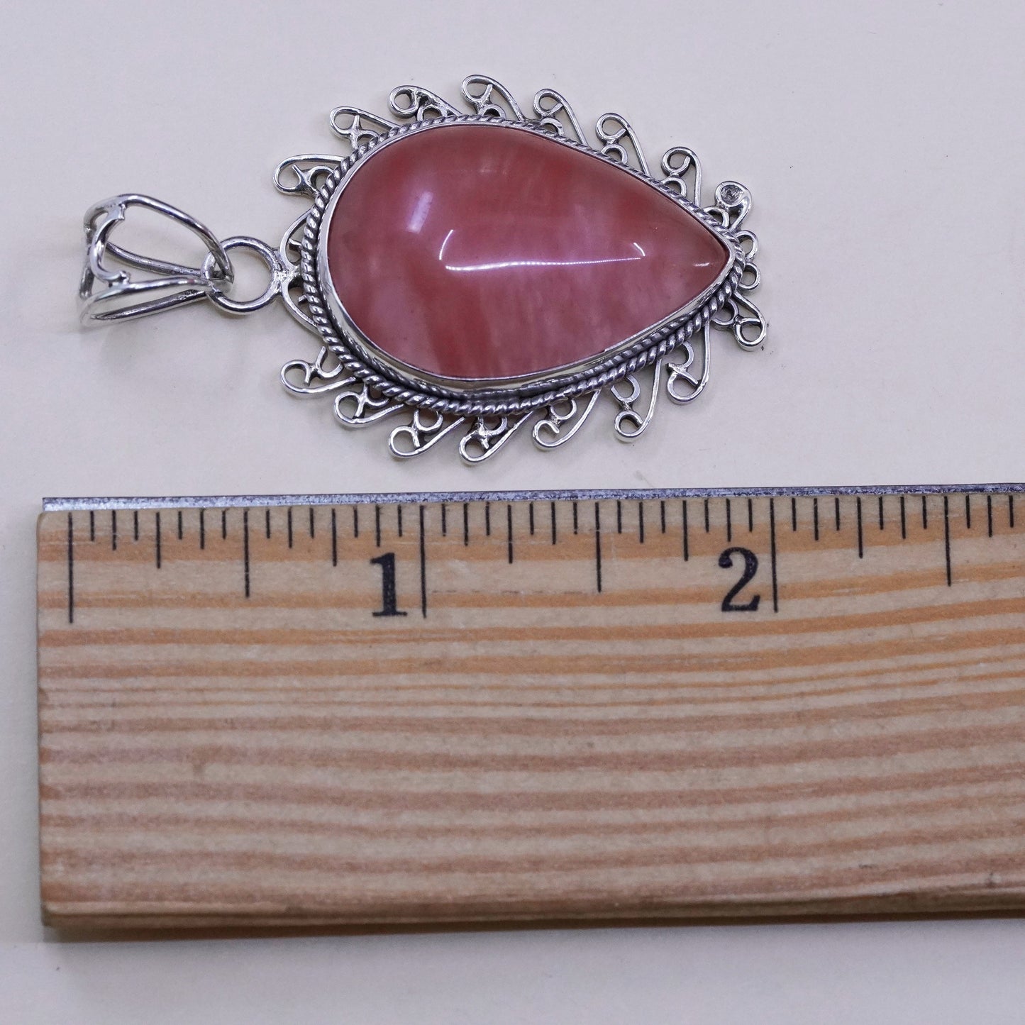 Vintage Sterling 925 silver handmade pendant with teardrop pink rose quartz