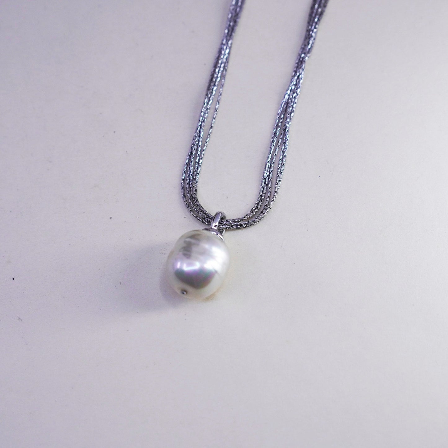 16+2”, M 925 Sterling Silver Multi Strands Chain Necklace huge pearl Pendant