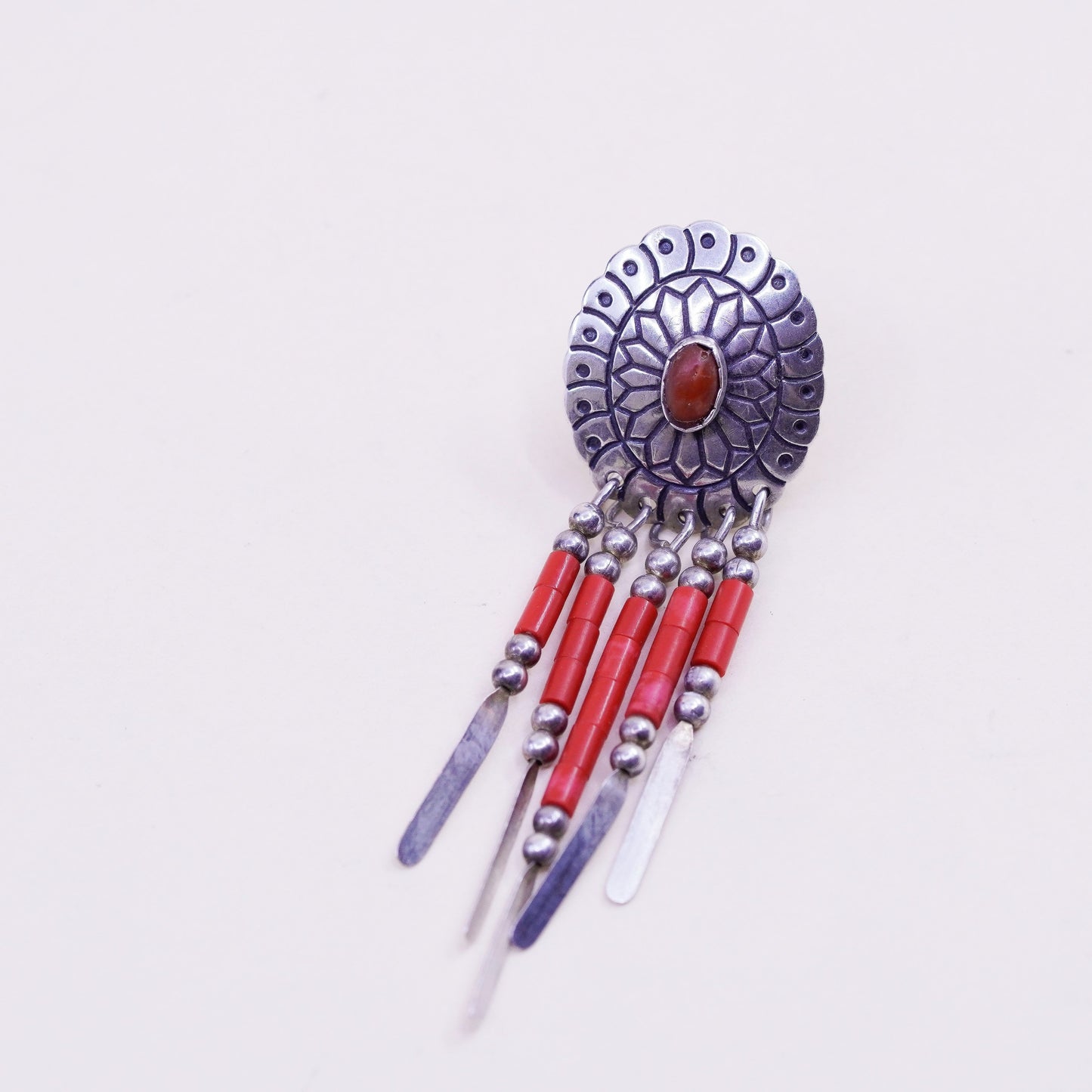 TK Sterling silver earrings, Native American 925 oval coral studs beaded fringe