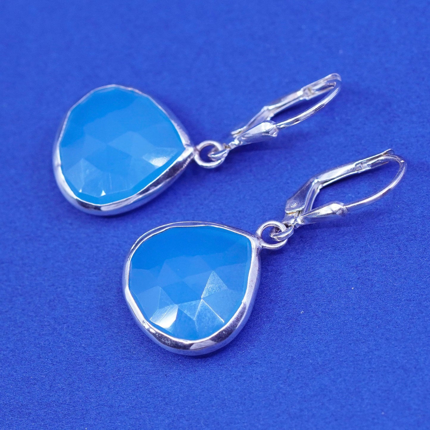 Sterling 925 silver handmade earrings with teardrop blue Chalcedony Dangles