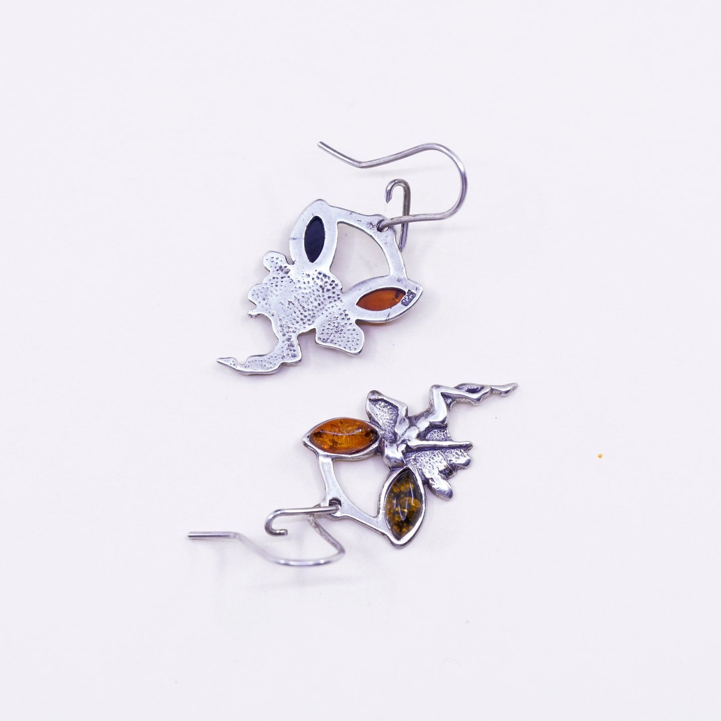 Vintage Sterling silver handmade earrings, 925 fairy with amber