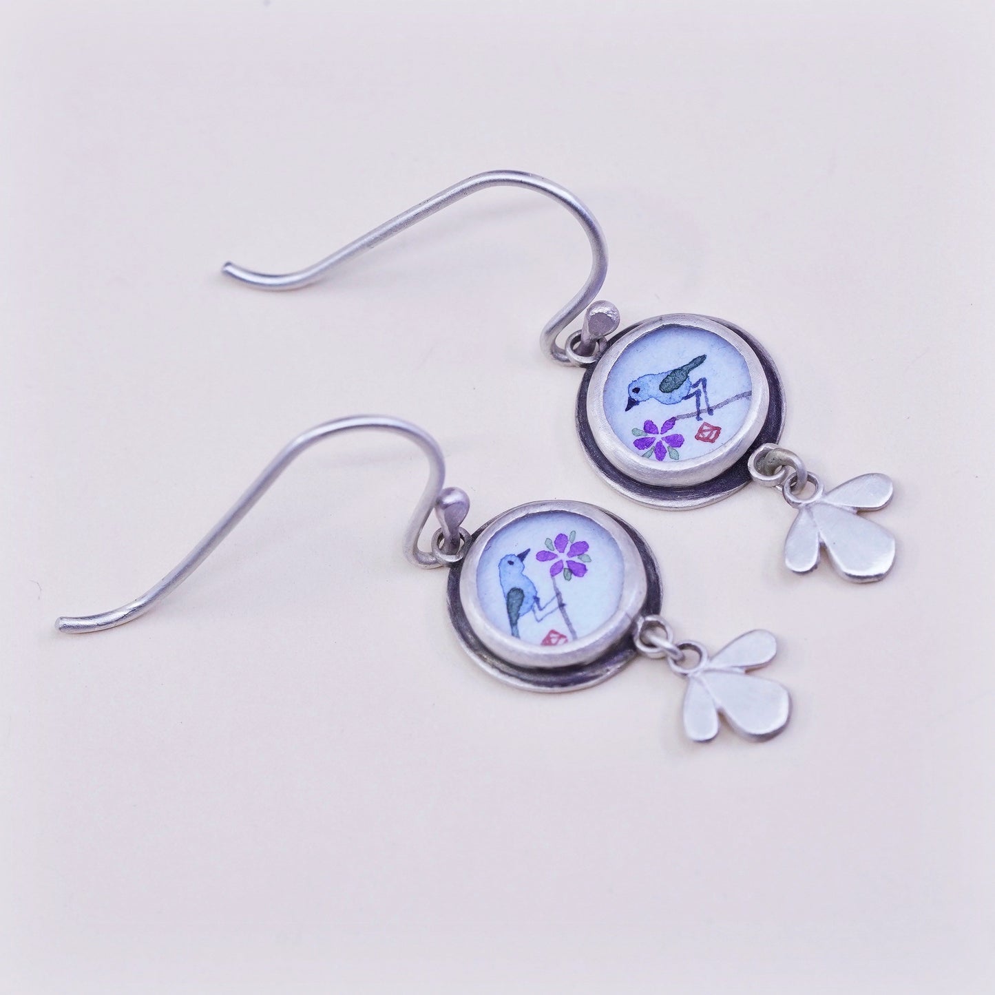 Designer Ananda KHALSA Sterling 925 silver handmade earrings, watercolor blue bird with purple plum flower, stamped 925 A