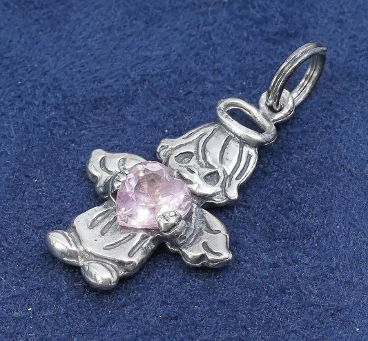 PHI Sterling silver handmade birthstone pendant, 925 angel w/ pink crystal